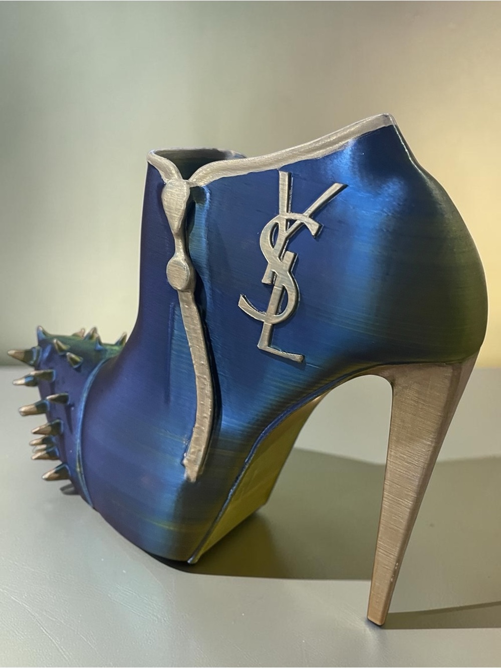 3d Hand Crafted YSL Logo Green & Blue Metallic Silver Spike-Heel Accent Stiletto - Picture 9 of 15